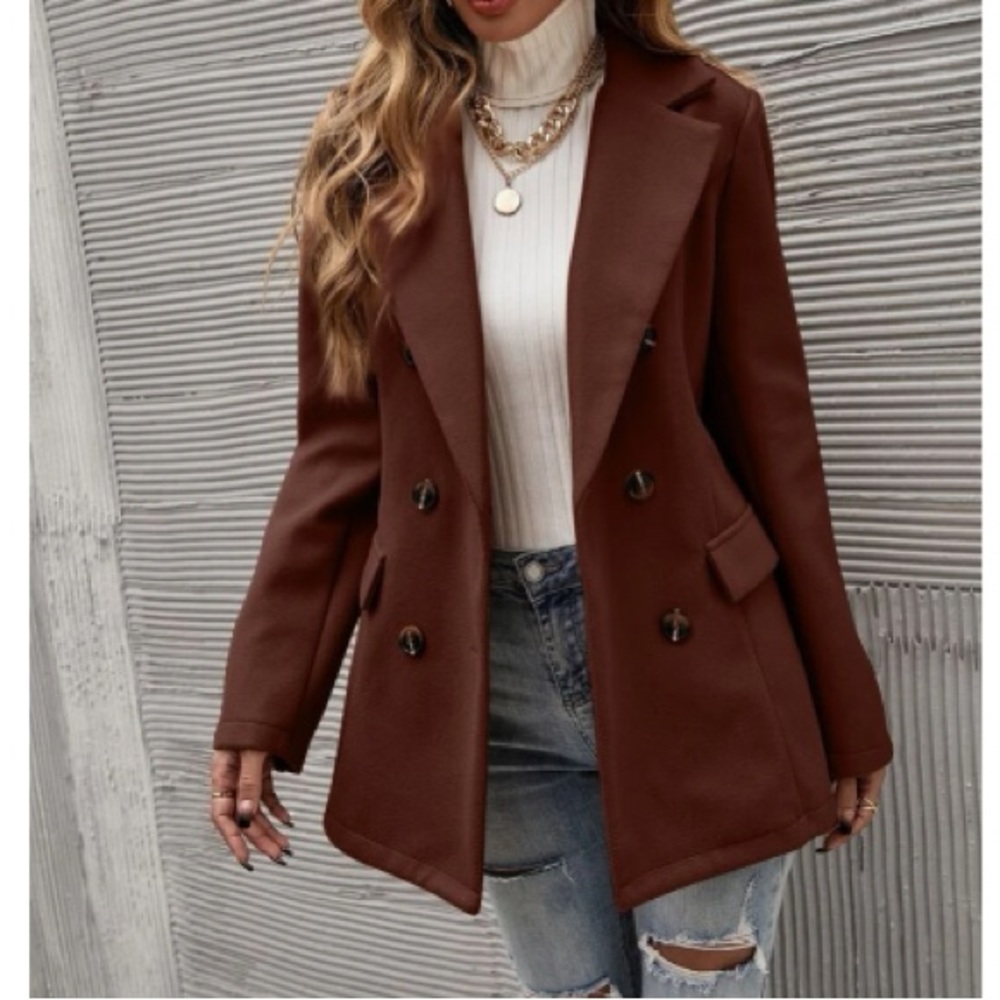 Classic Brown Double Breast Button Up Jacket Coat
